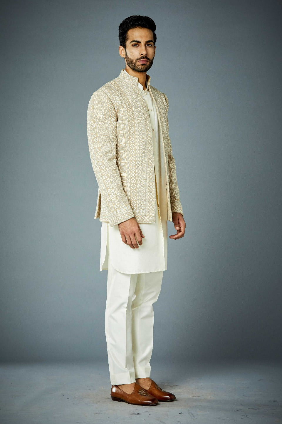 Gargee Designer's BEIGE GEO-PARALLEL JODHPURI SET Gargee