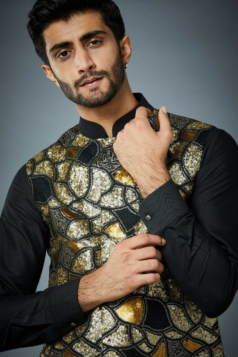 Gargee Designer's GOLD EMBROIDERED BLACK BUNDI SET Gargee