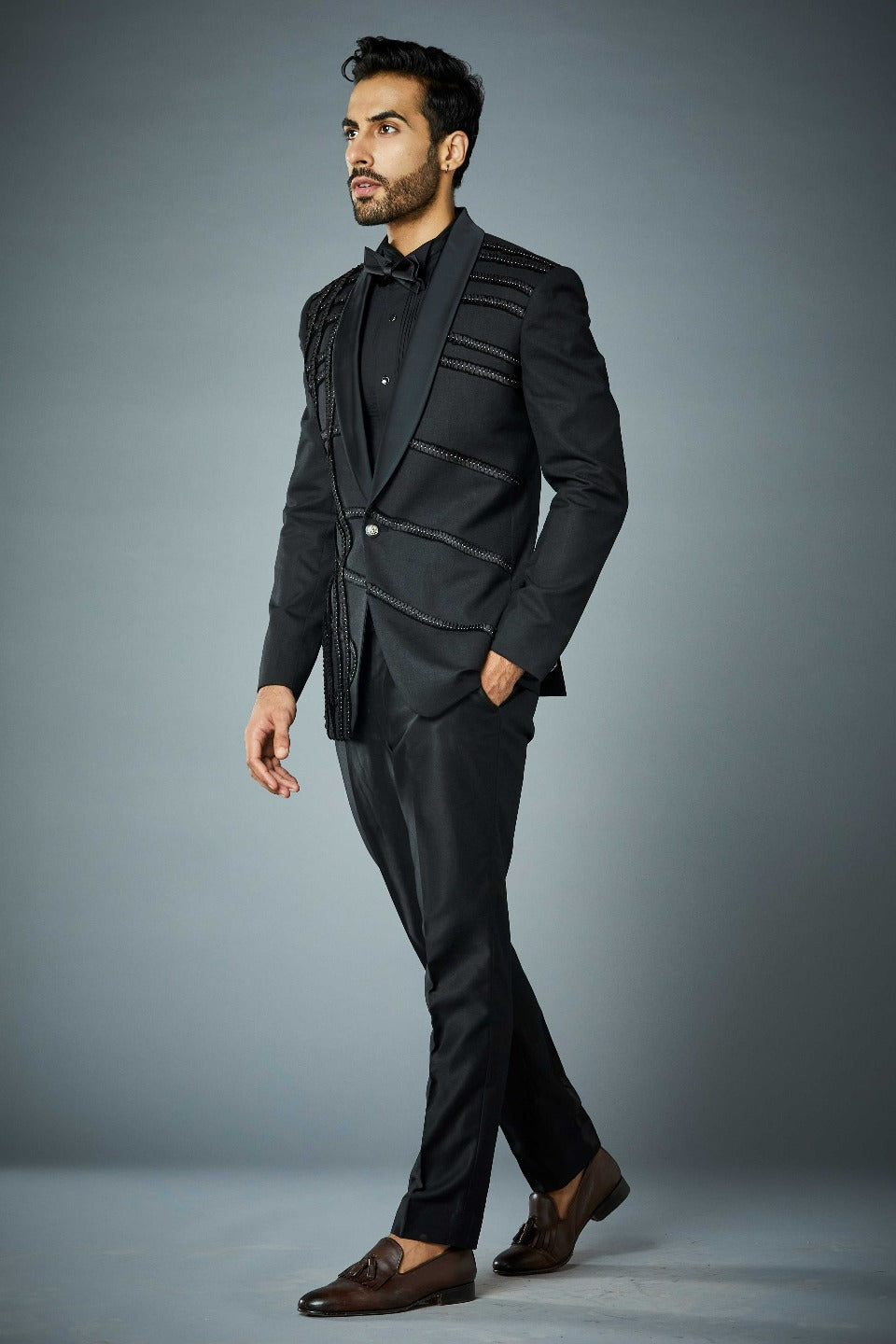 Gargee Designer's BLACK STUD RUFFLE TUXEDO SET Gargee