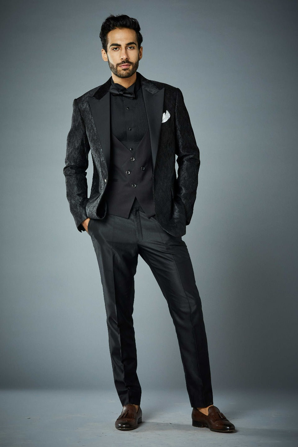 Gargee Designer's ALL BLACK CRINKLED TUXEDO SET Gargee