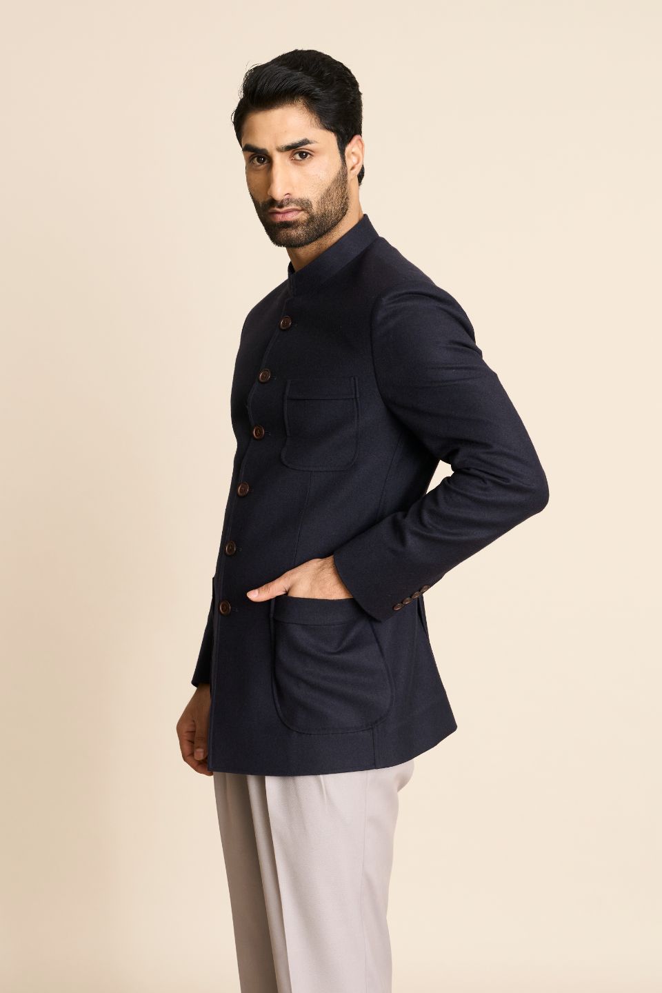 Gargee Designer's NAVY FLANNEL BANDHGALA JACKET Gargee