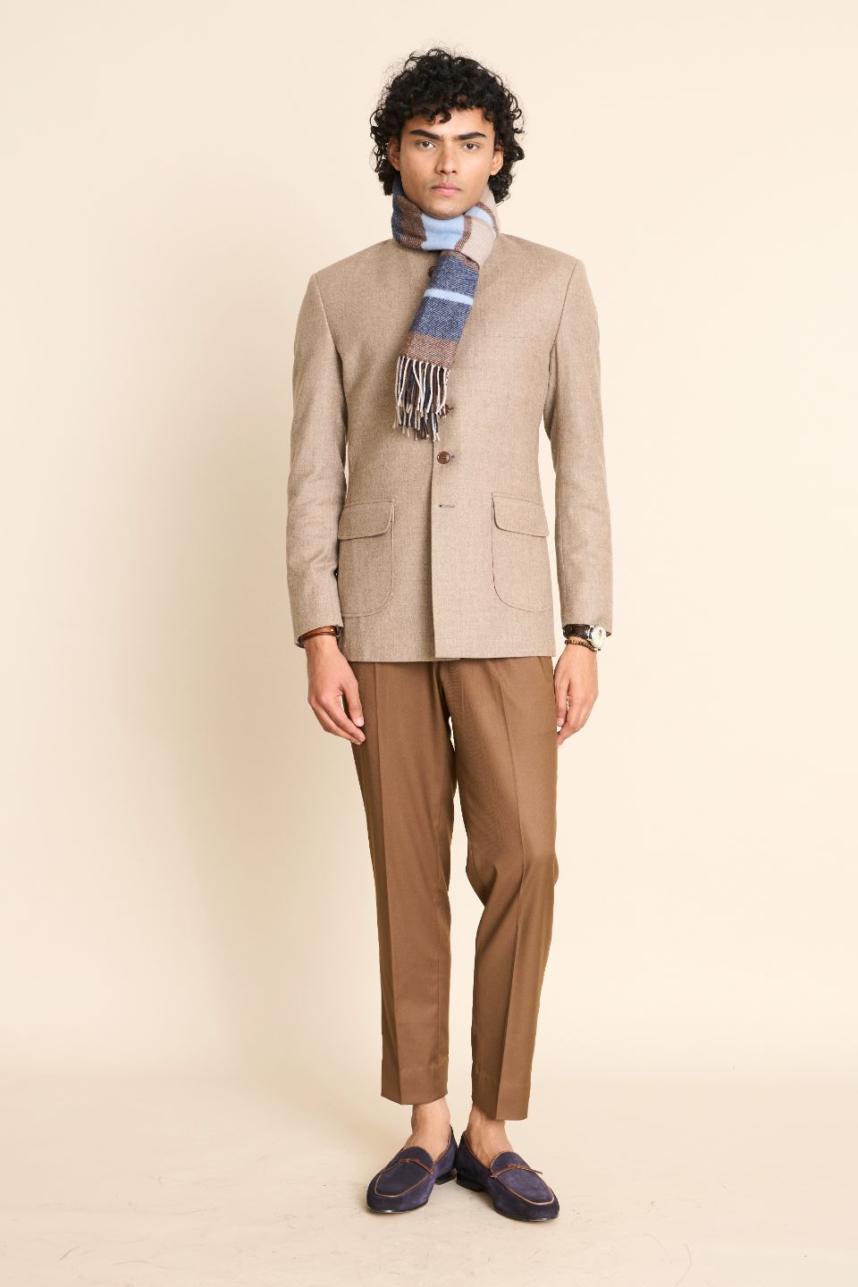 Gargee Designer's BEIGE FLANNEL BANDHGALA JACKET Gargee