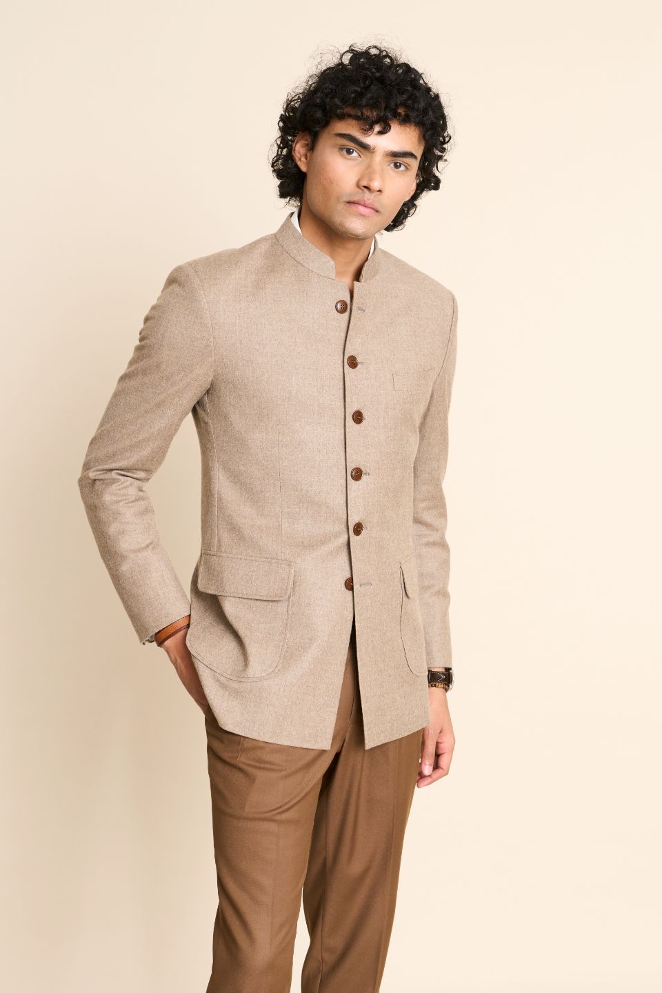 Gargee Designer's BEIGE FLANNEL BANDHGALA JACKET Gargee