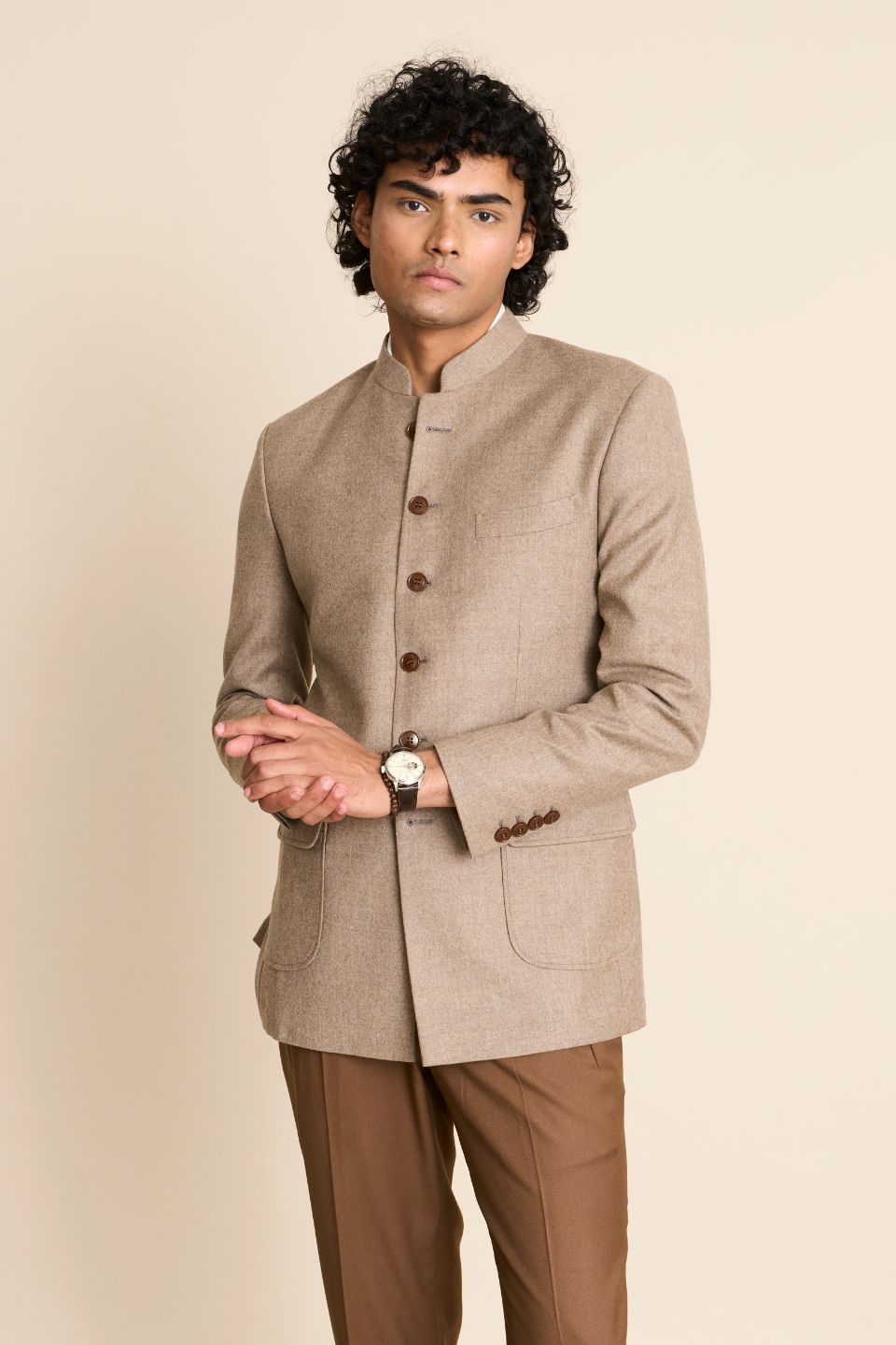 Gargee Designer's BEIGE FLANNEL BANDHGALA JACKET Gargee
