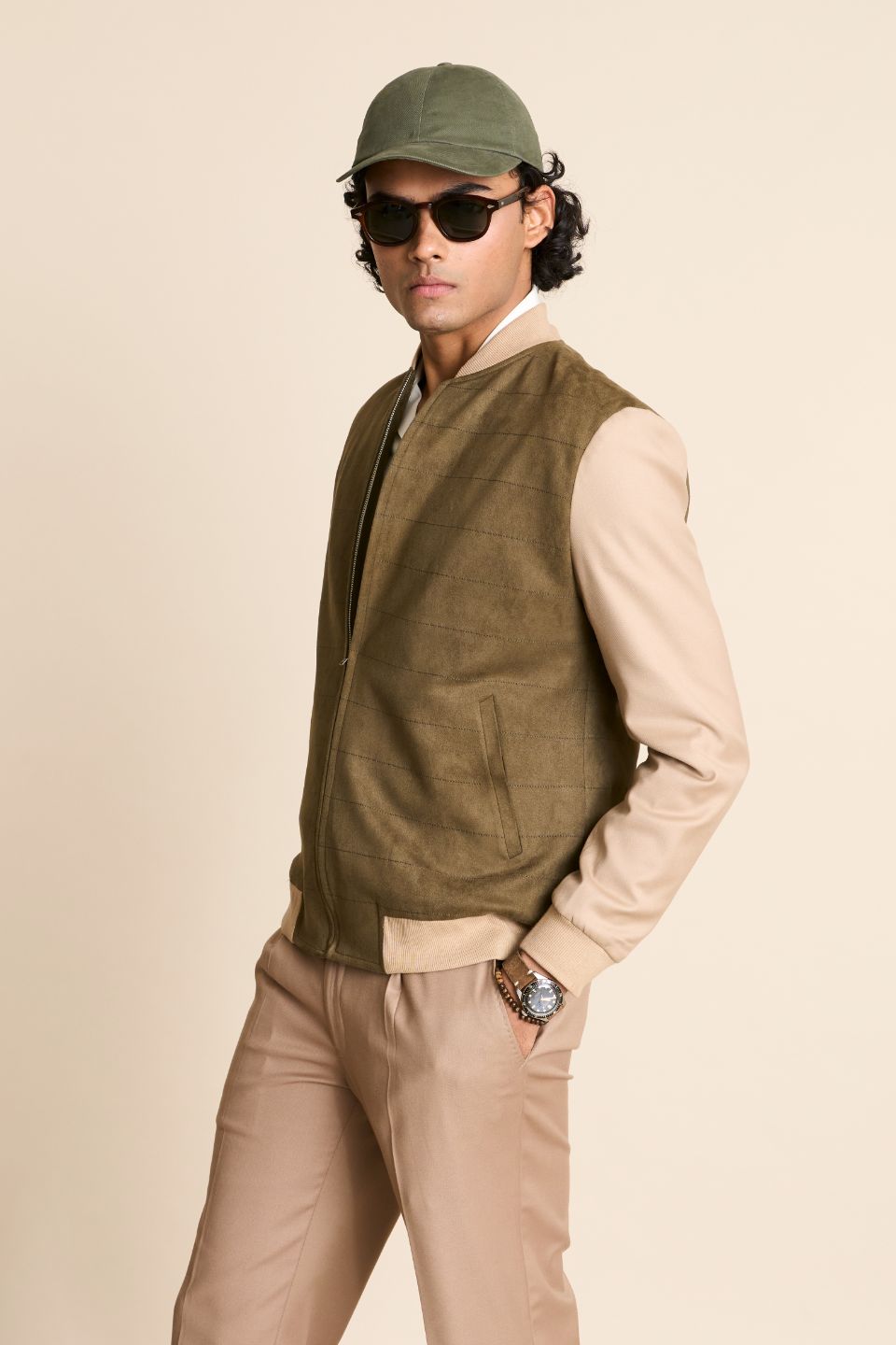 Gargee Designer's OLIVE SUEDE BOMBER JACKET Gargee