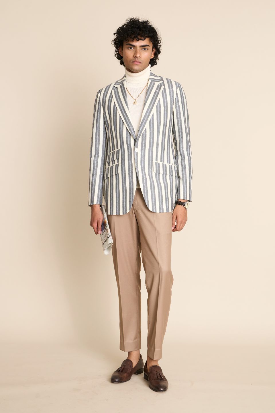 Gargee Designer's GREY IVORY FLANNEL STRIPE BLAZER Gargee