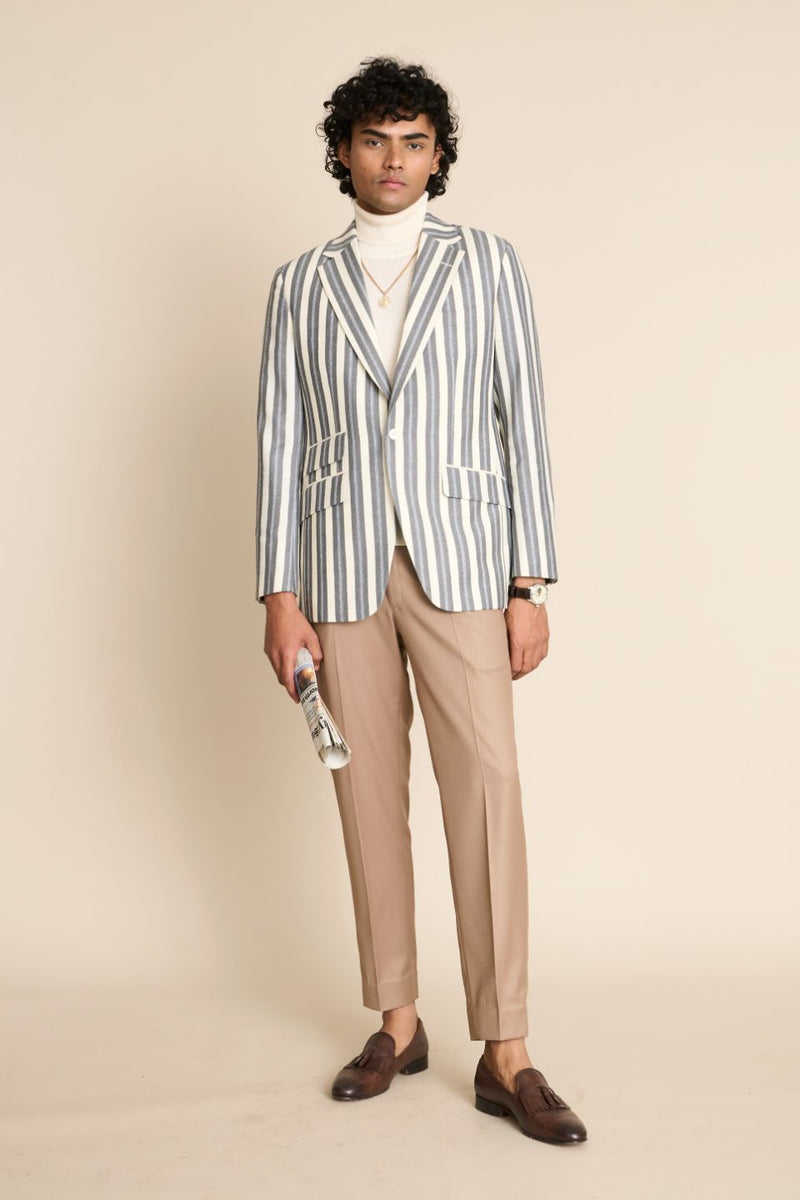 Gargee Designer's GREY IVORY FLANNEL STRIPE BLAZER Gargee