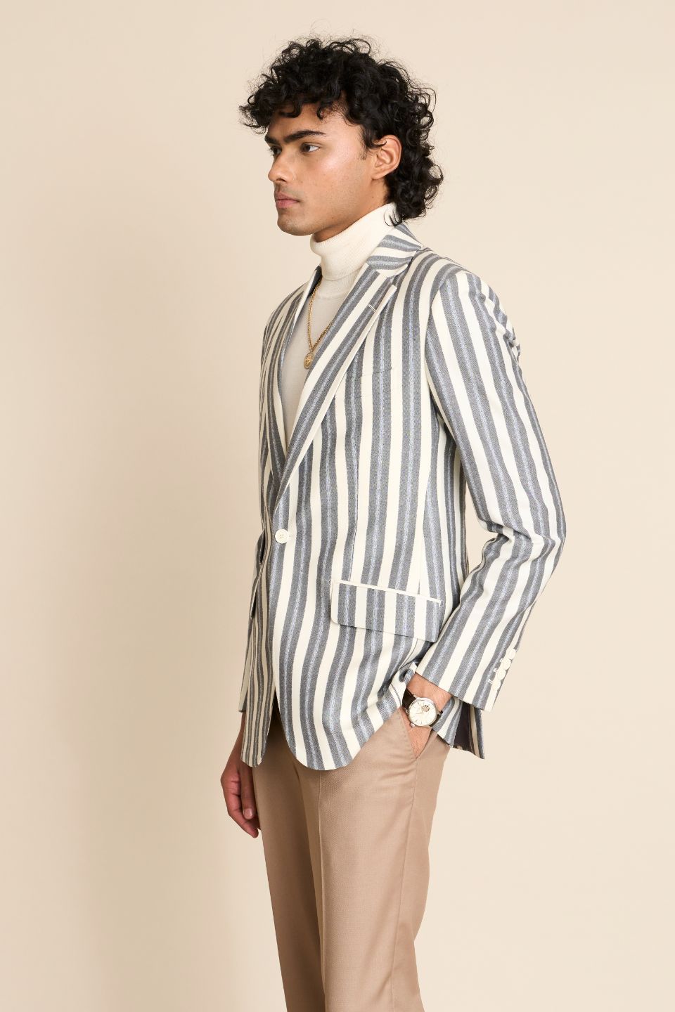Gargee Designer's GREY IVORY FLANNEL STRIPE BLAZER Gargee