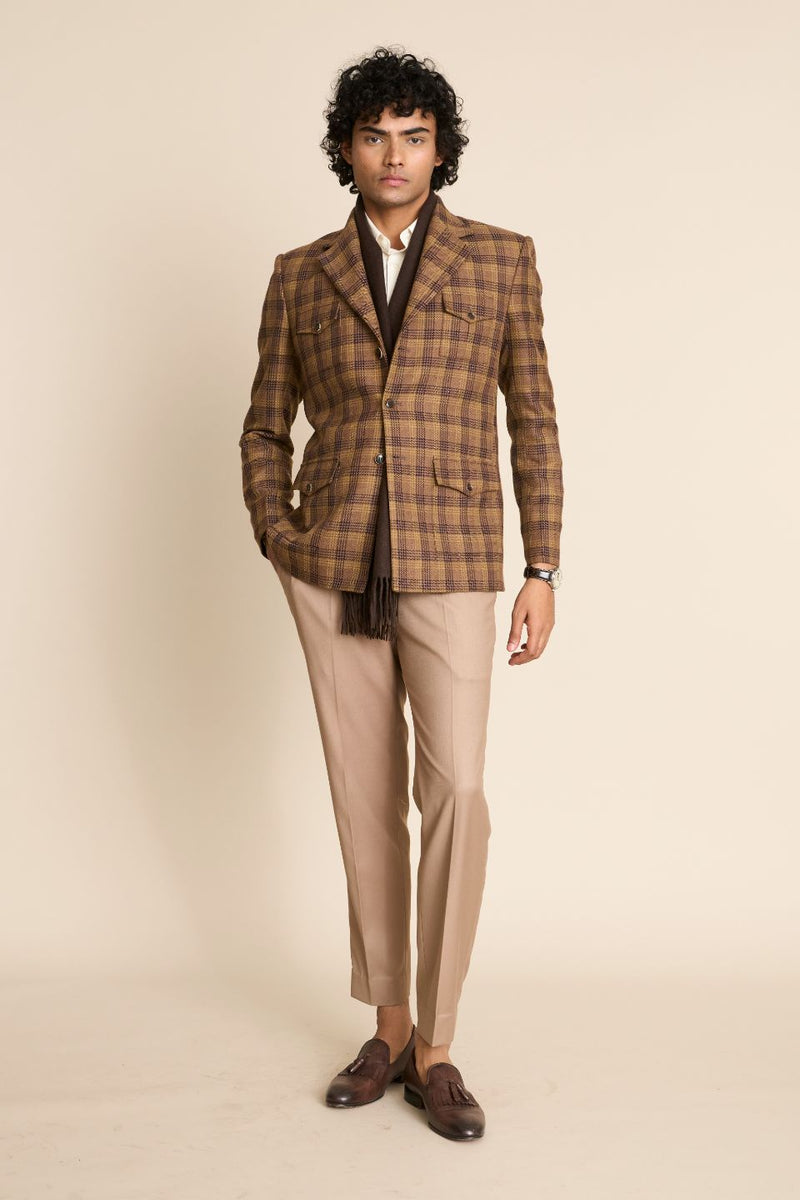 Gargee Designer's BROWN CHECK WOOL BLAZER Gargee