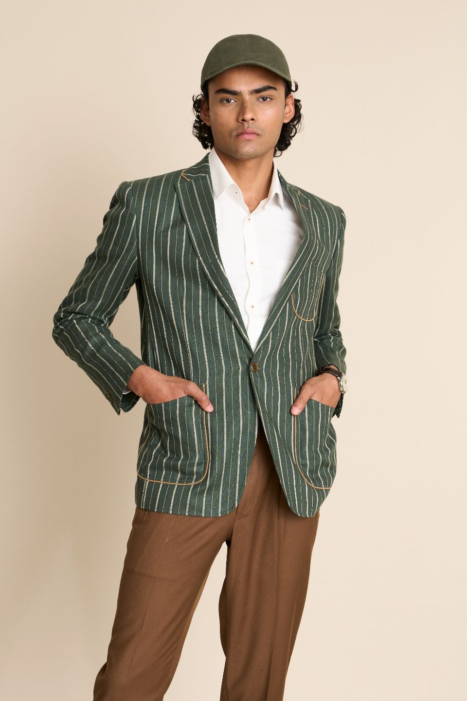 Gargee Designer's GREEN LINEN STRIPE BLAZER Gargee