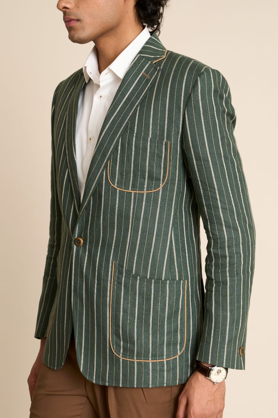 Gargee Designer's GREEN LINEN STRIPE BLAZER Gargee