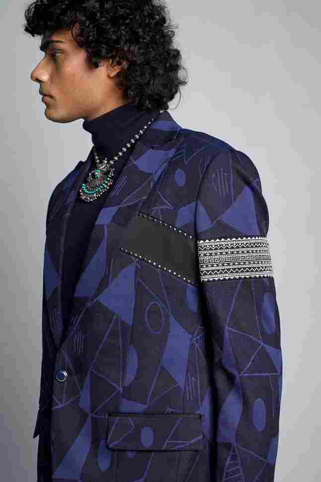 Gargee Designer's BLUE TRIBAL JACQUARD TUXEDO SET Gargee