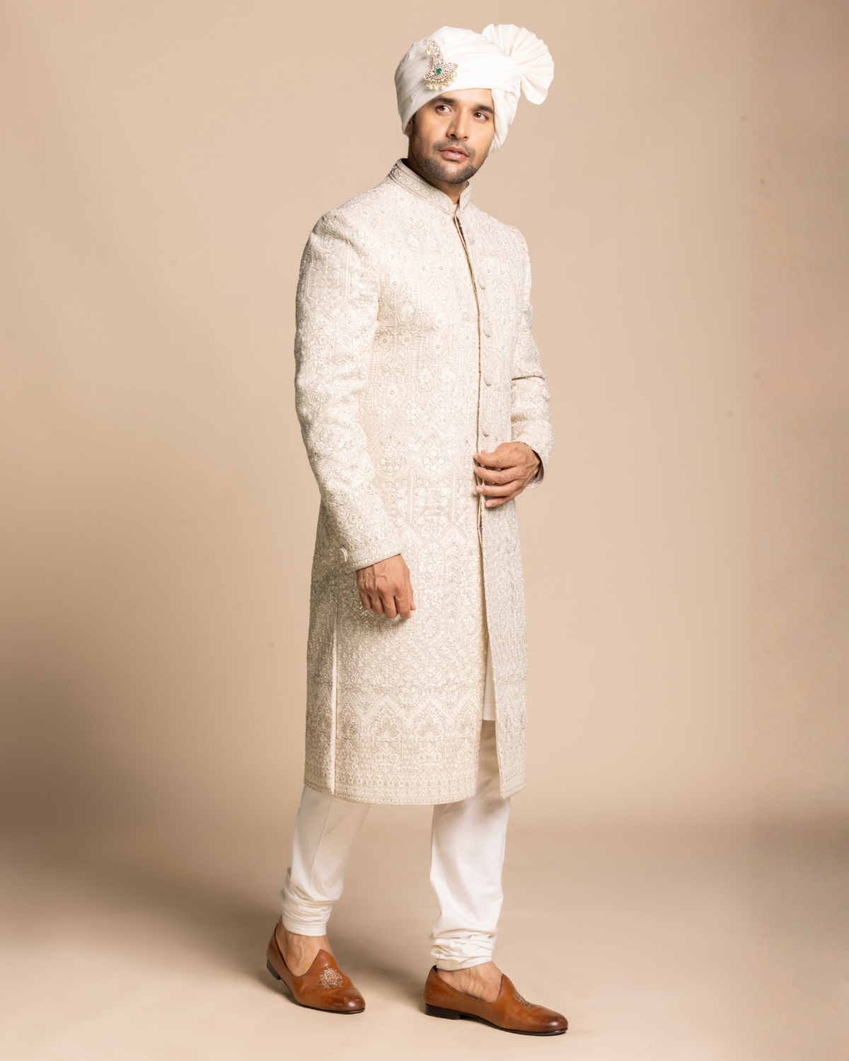 Ivory  Embroidered Sherwani Gargee