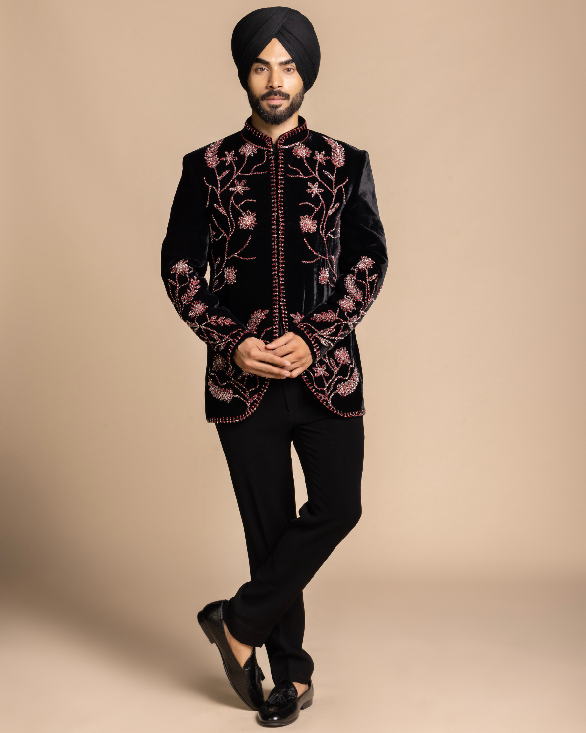 Black Embroidered Velvet Jodhpuri Set Gargee