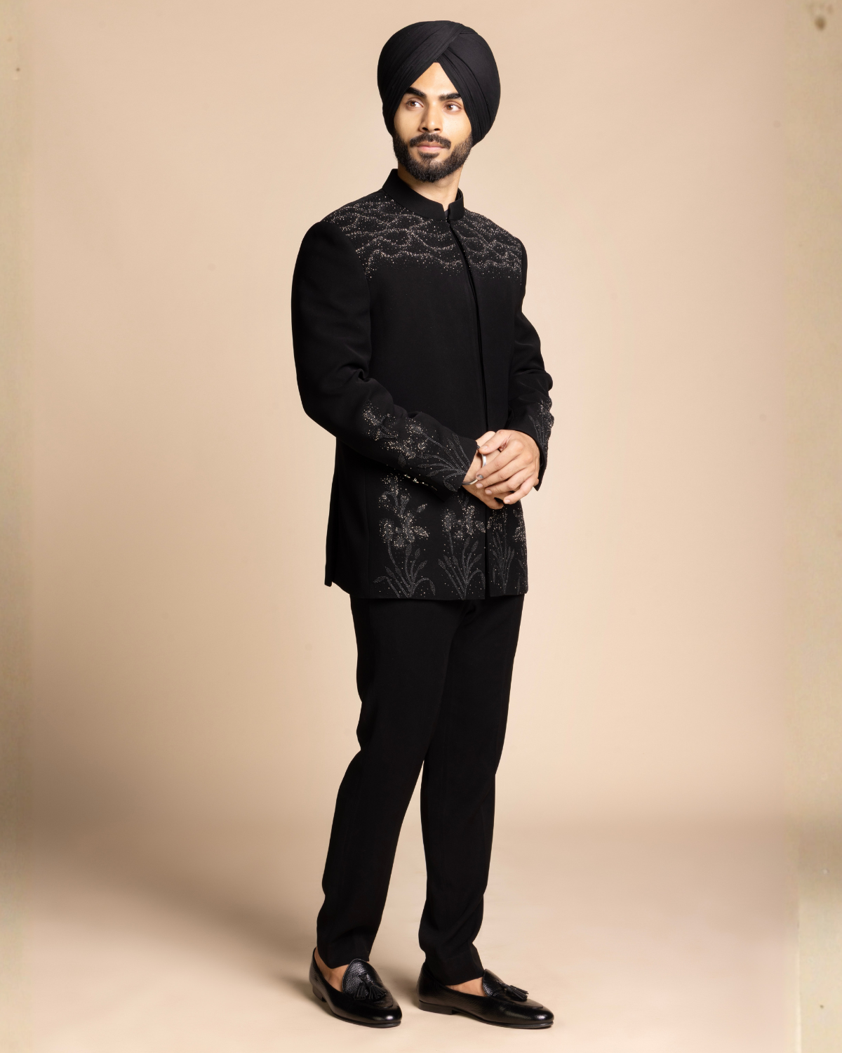 Black Crystal Embellished Jodhpuri Set Gargee