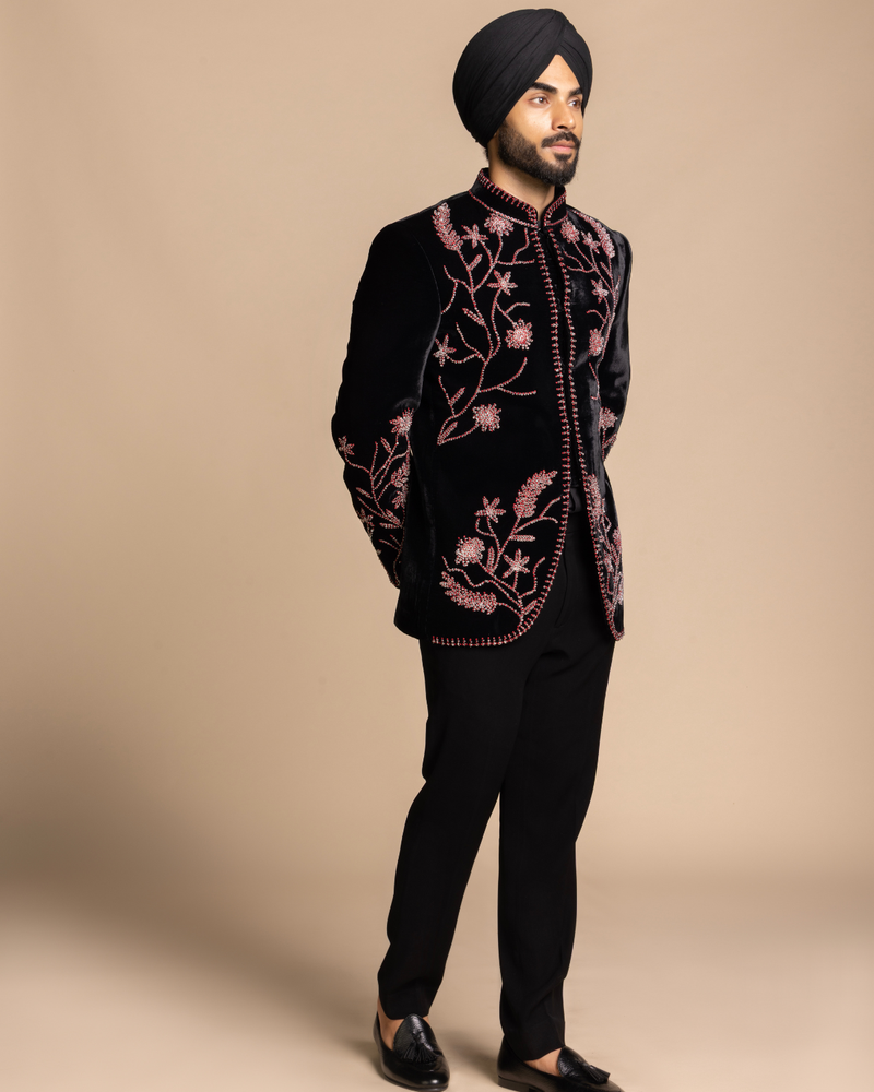 Black Embroidered Velvet Jodhpuri Set Gargee
