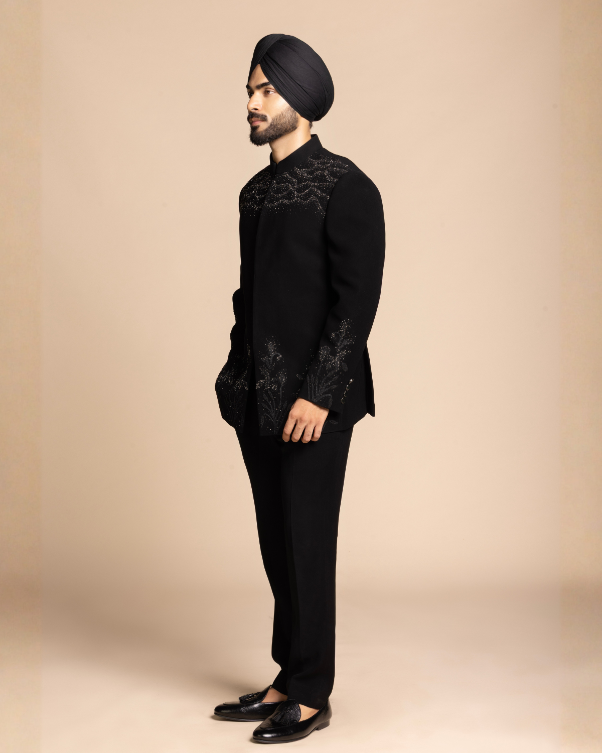 Black Crystal Embellished Jodhpuri Set Gargee