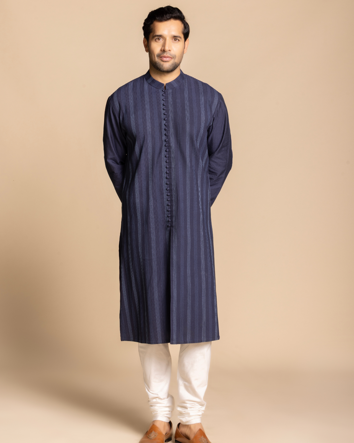 Navy Pintucked Front Open Kurta Gargee