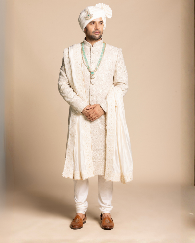 Ivory  Embroidered Sherwani Gargee
