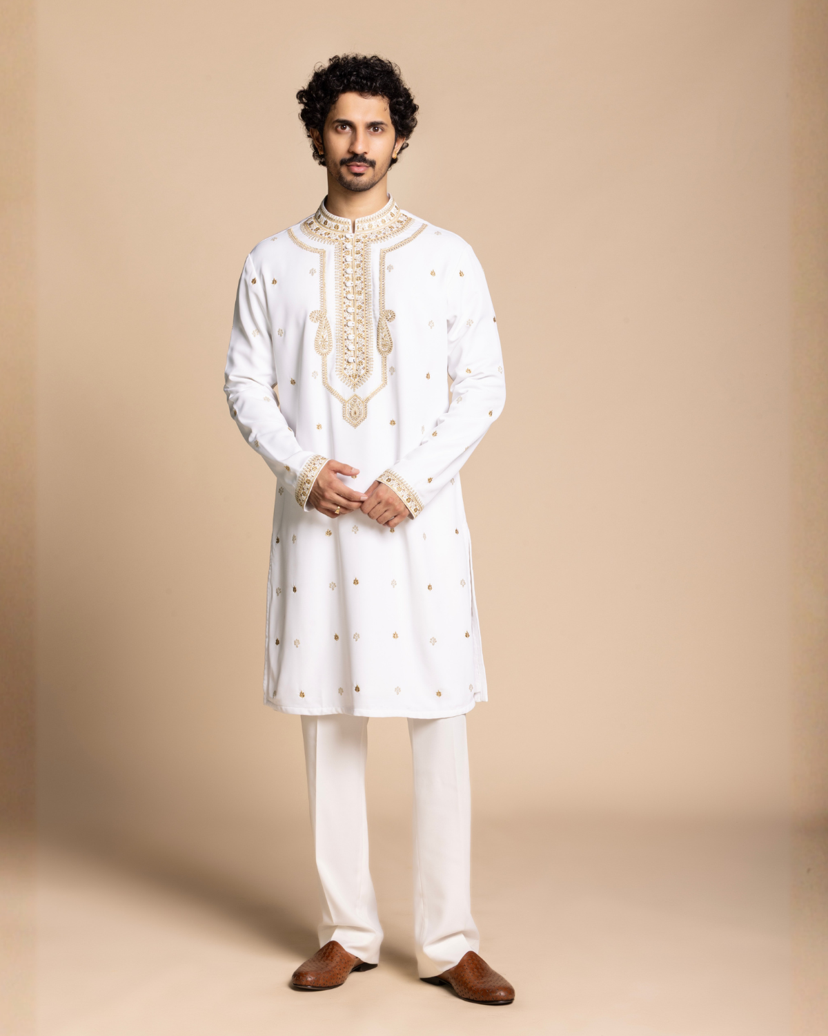 Ivory Embroidered Kurta Set with Stole Gargee