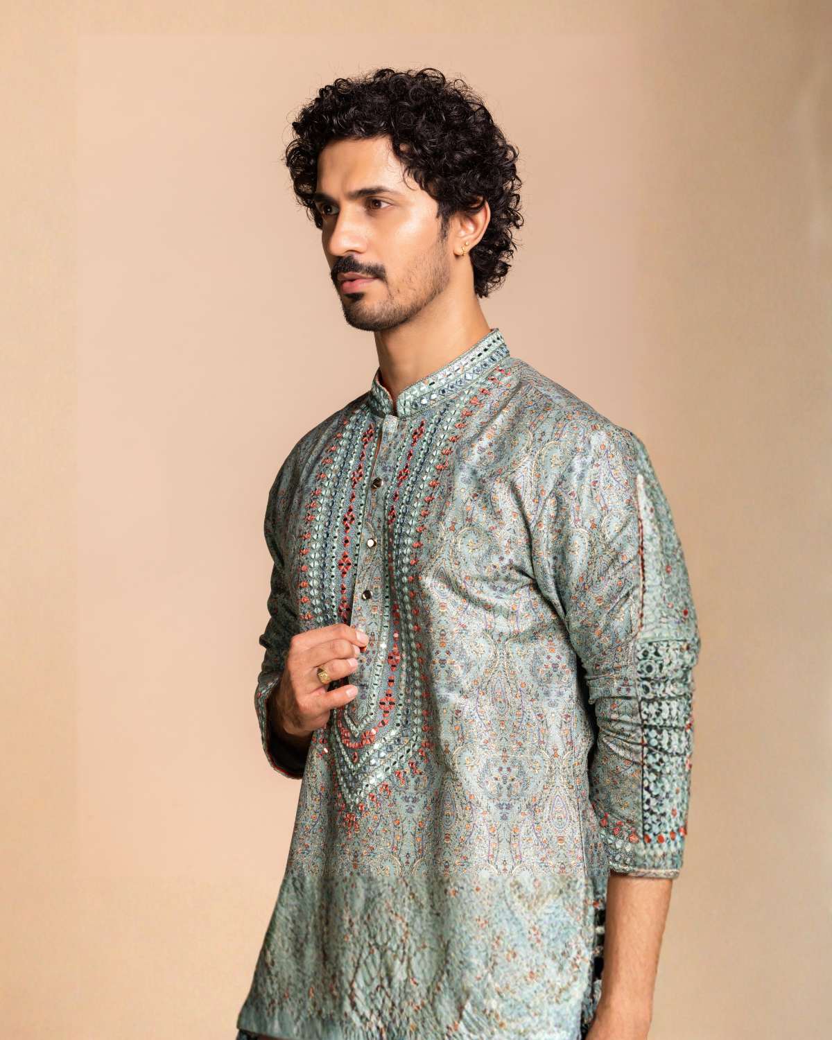 Sage Printed Mirror Work Kurta Gargee