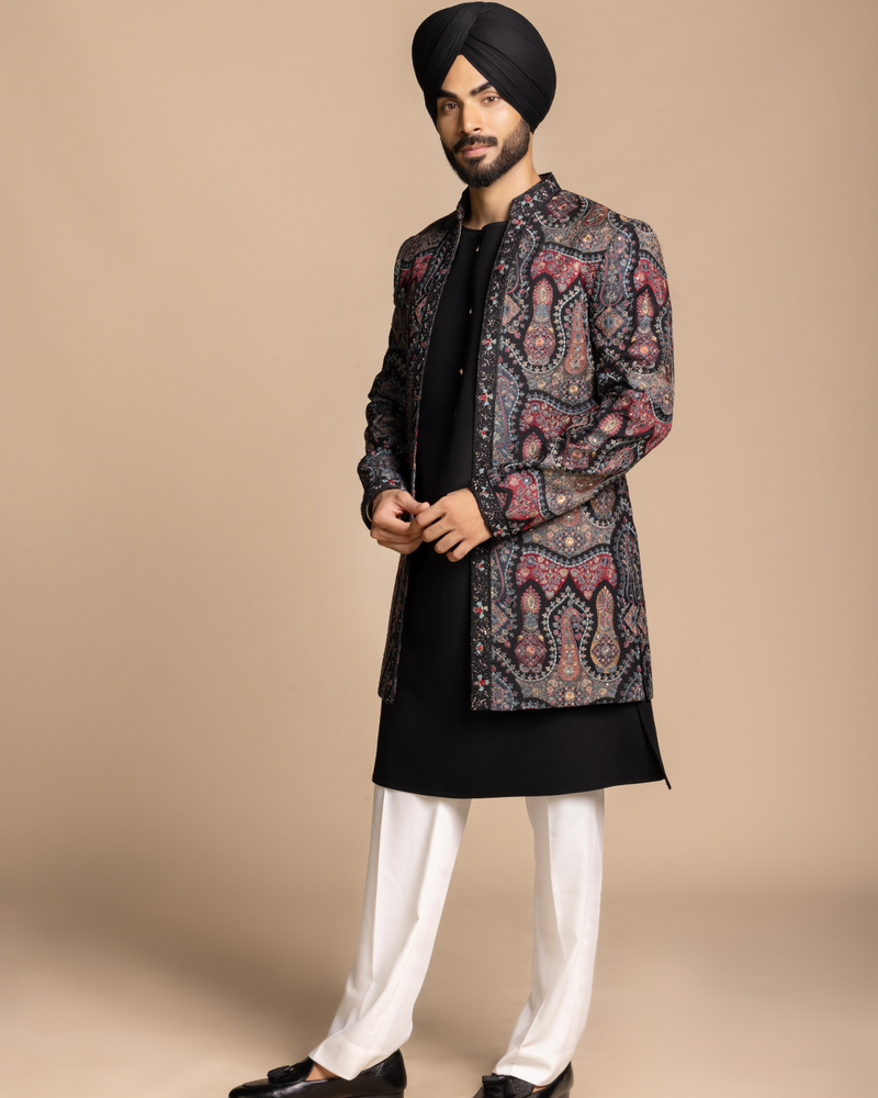 Black Jamavar Paisley Shrug Set Gargee