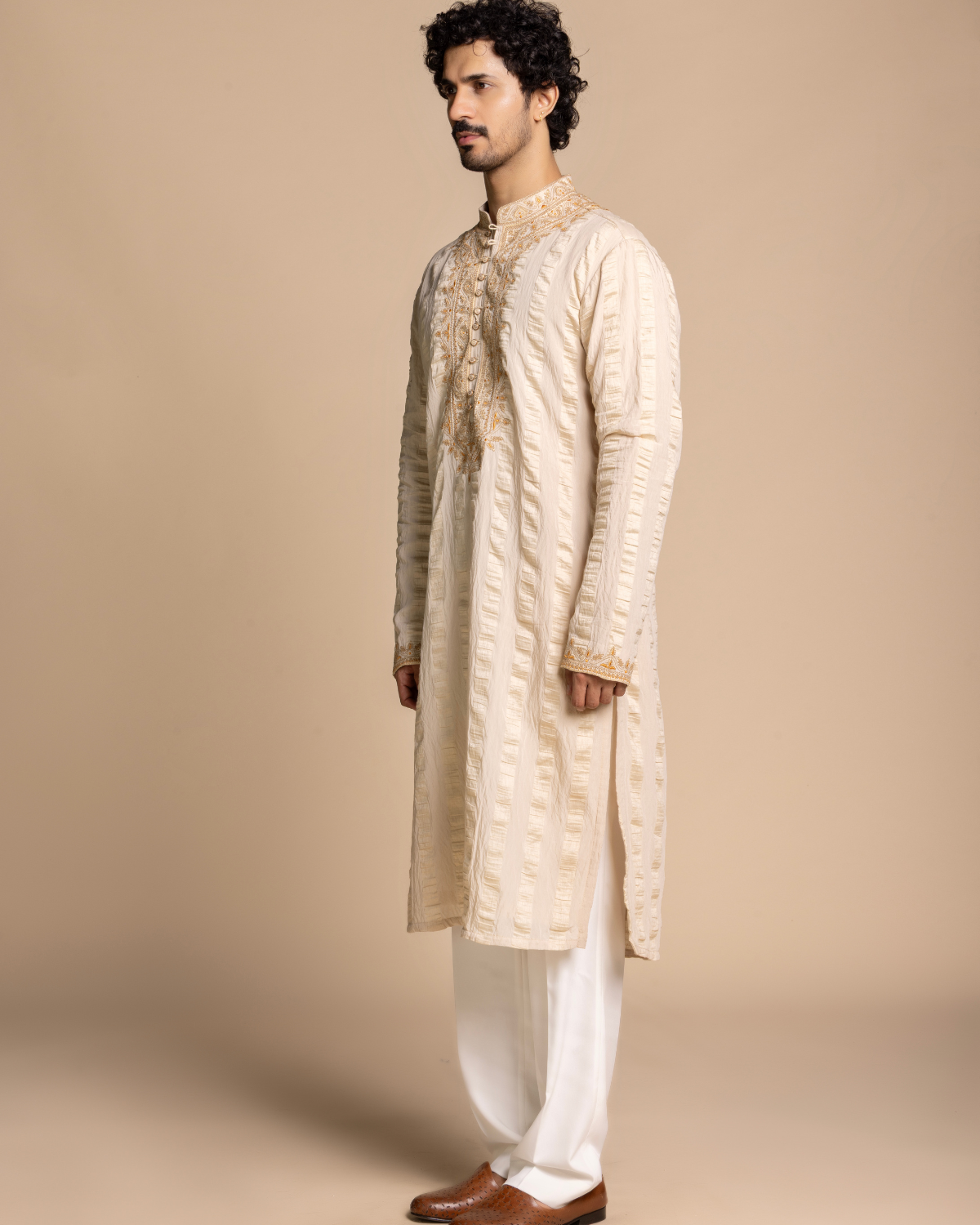 Beige Embroidered Tencil Kurta Set Gargee