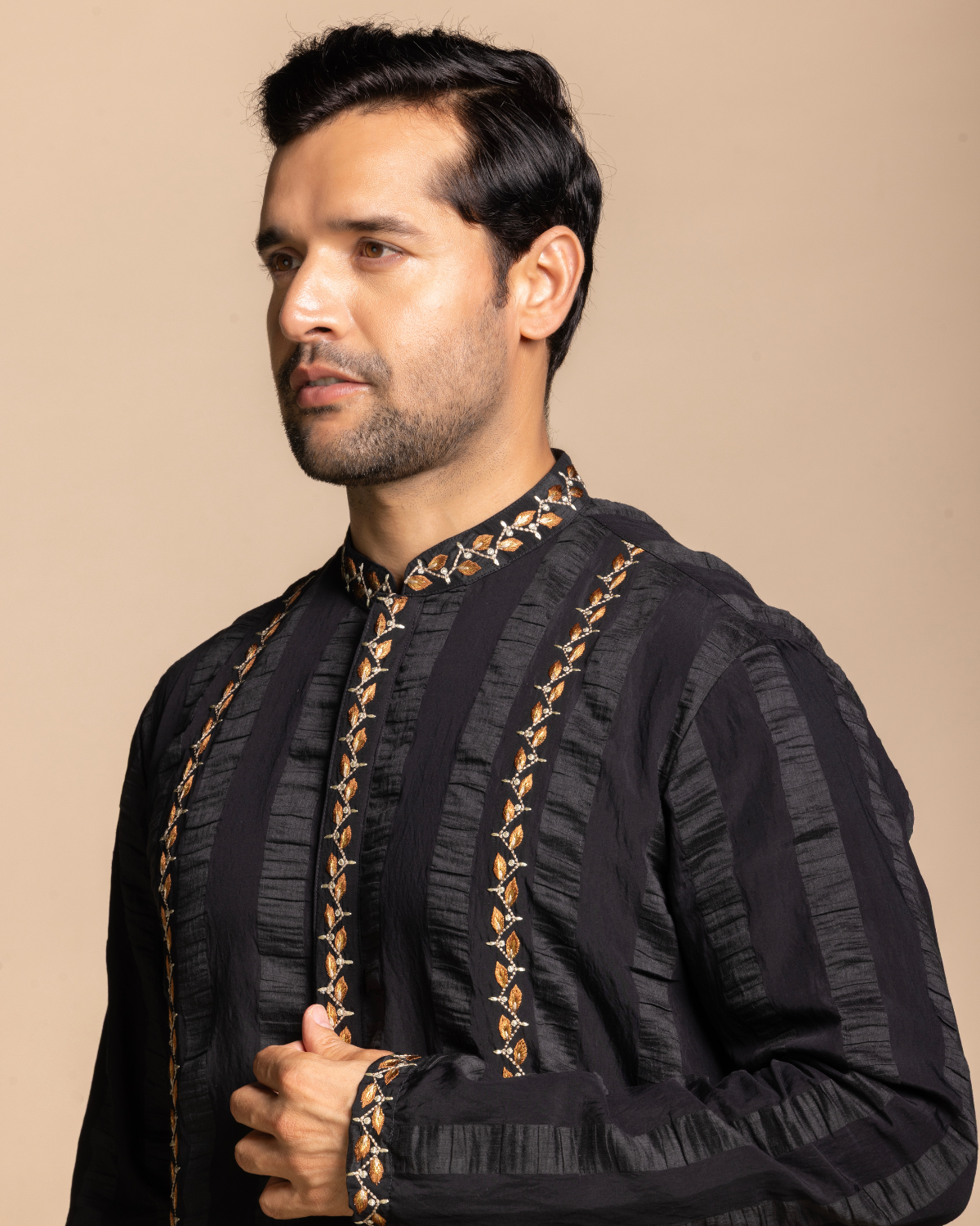 Black Textured Embroidered Kurta Set Gargee