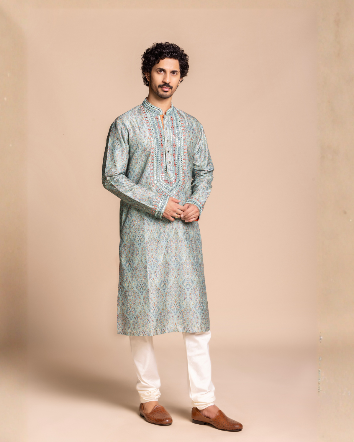 Sage Printed Mirror Work Kurta Gargee