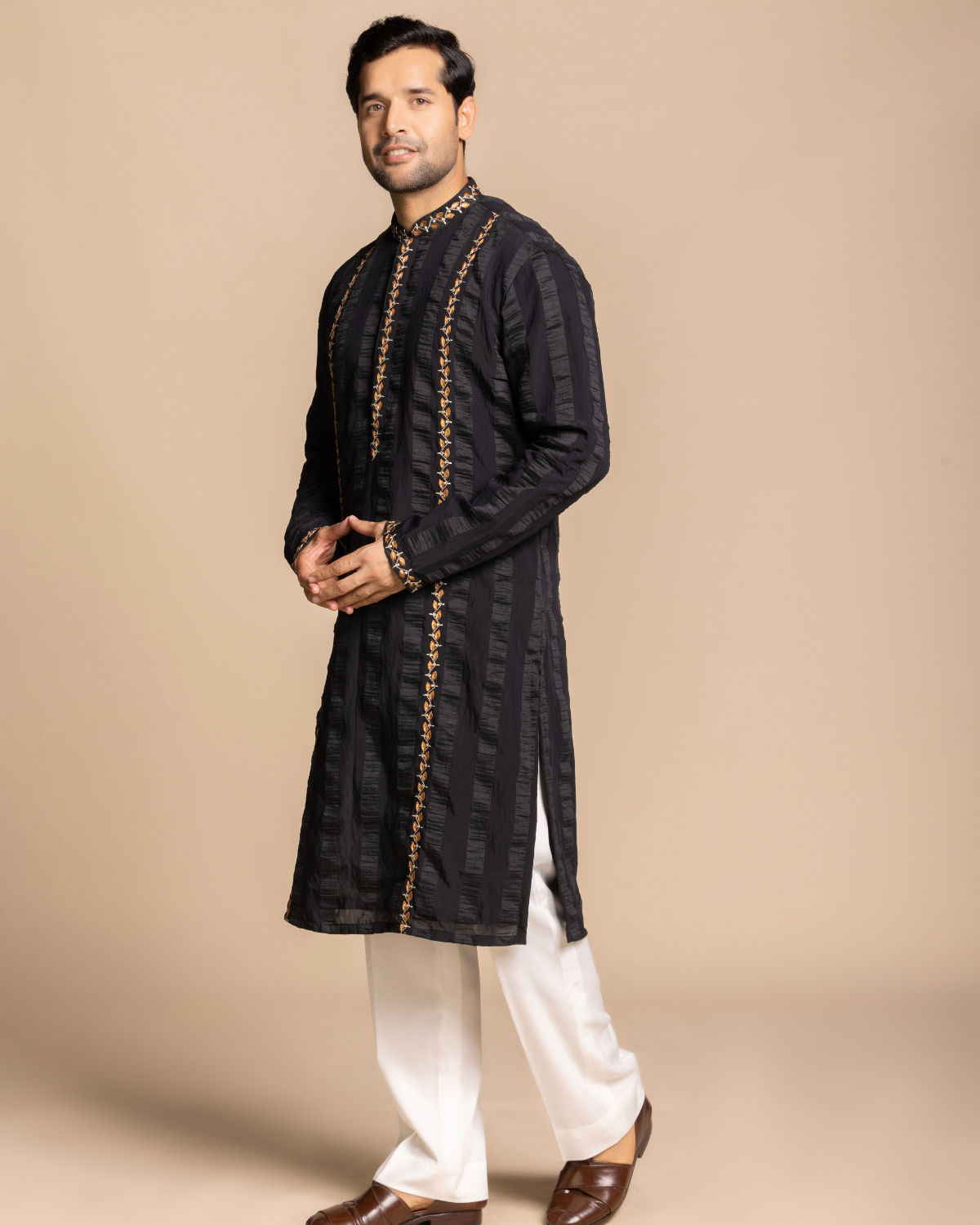 Black Textured Embroidered Kurta Set Gargee