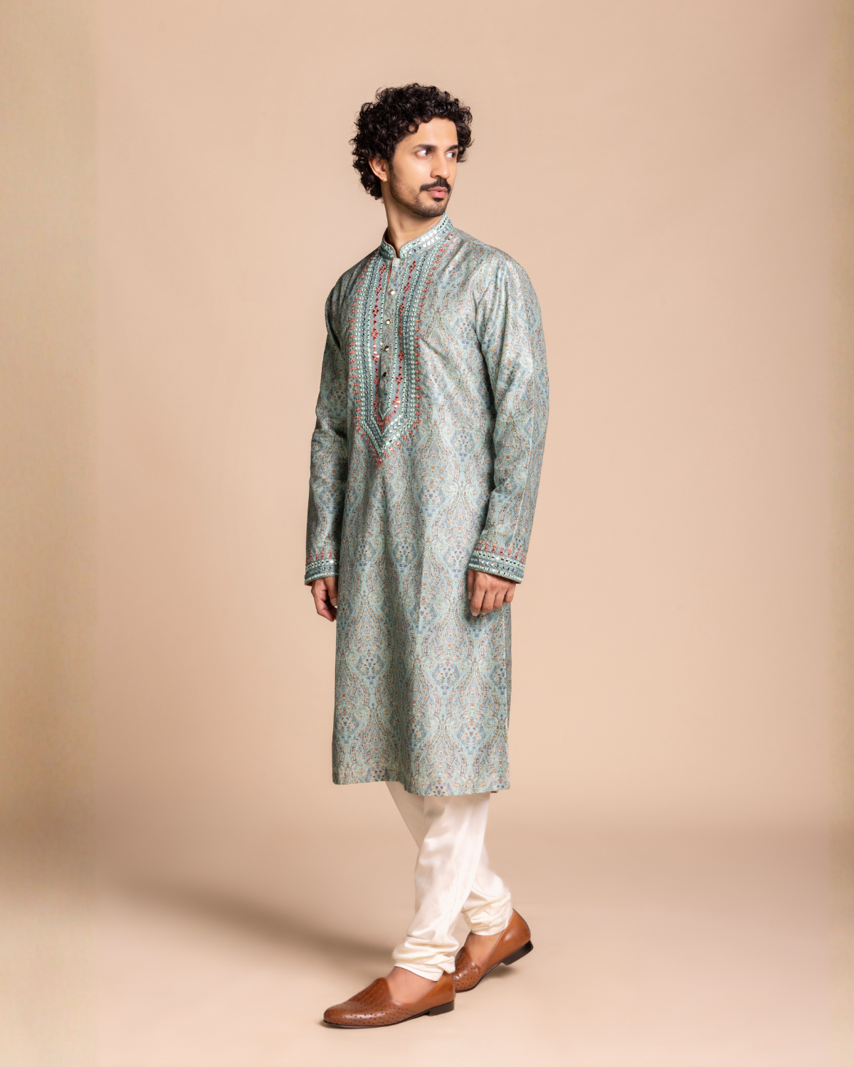 Sage Printed Mirror Work Kurta Gargee
