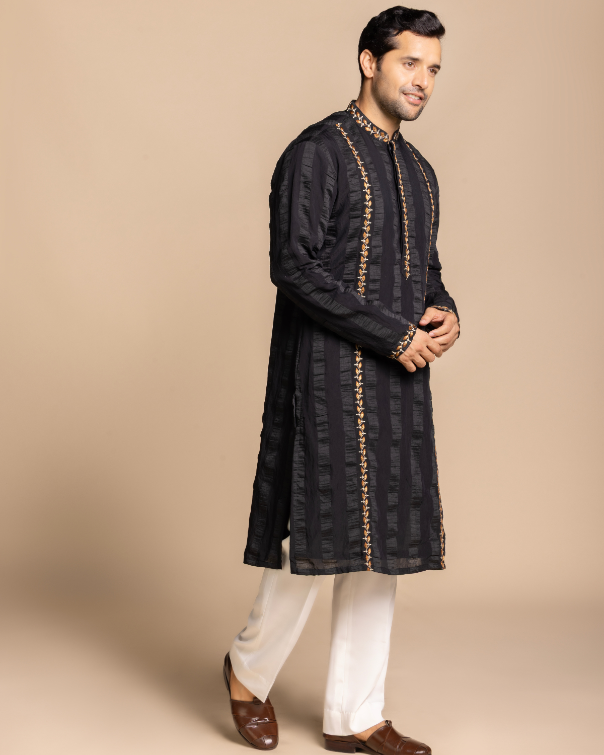 Black Textured Embroidered Kurta Set Gargee