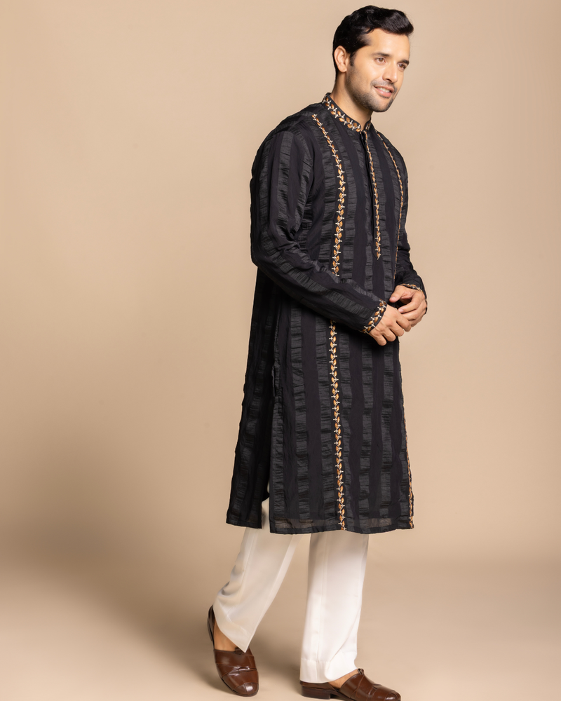 Black Textured Embroidered Kurta Set Gargee