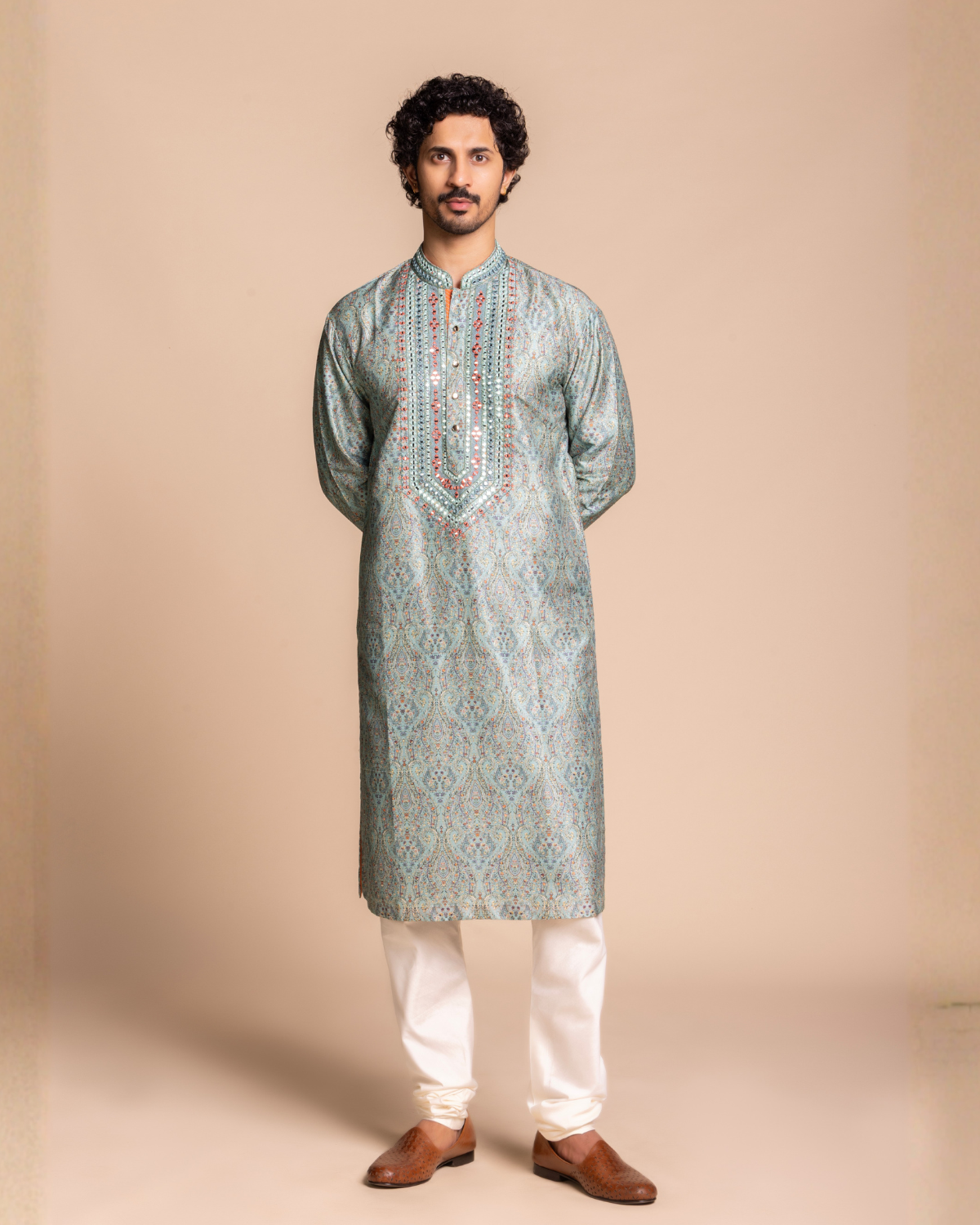 Sage Printed Mirror Work Kurta Gargee