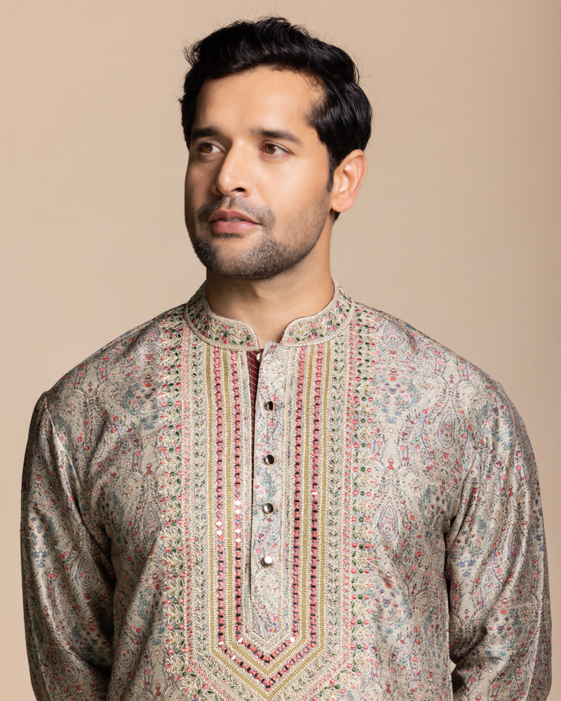 Beige Printed Mirror Work Kurta Gargee