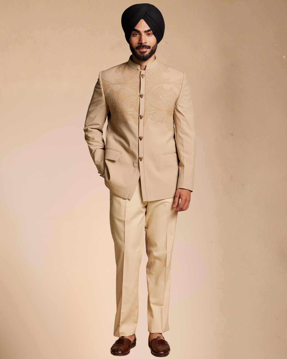 Beige French Knot Jodhpuri Set Gargee