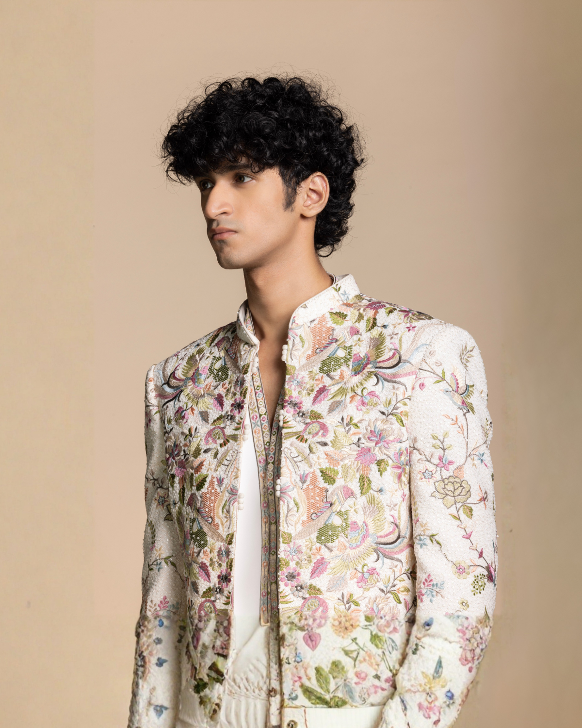 Ivory Botanical Embroidered Indowestern Gargee
