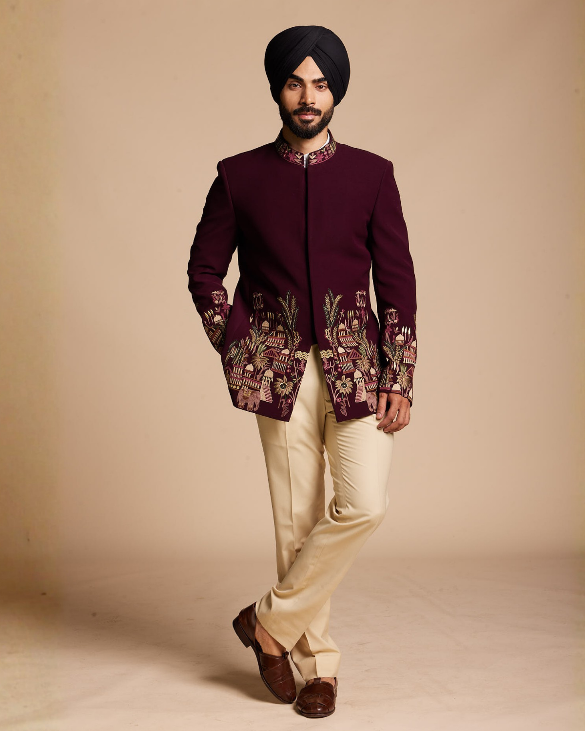 Burgundy Embroidered Jodhpuri Set Gargee