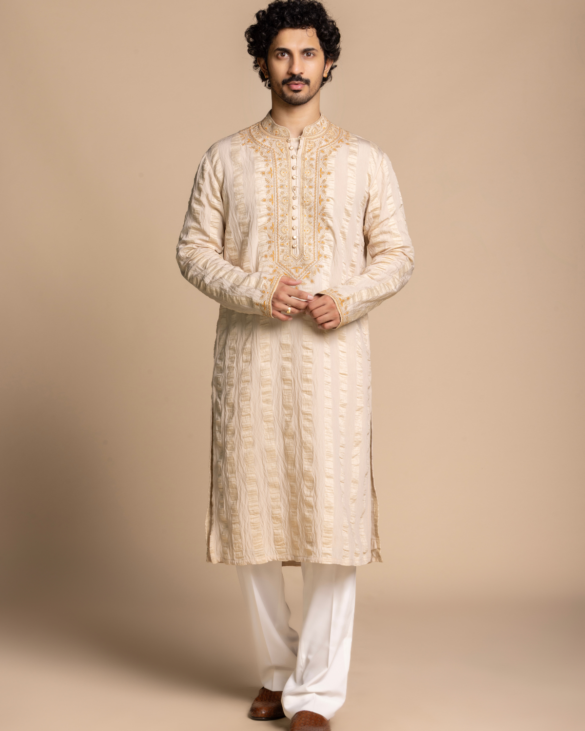 Beige Embroidered Tencil Kurta Set Gargee