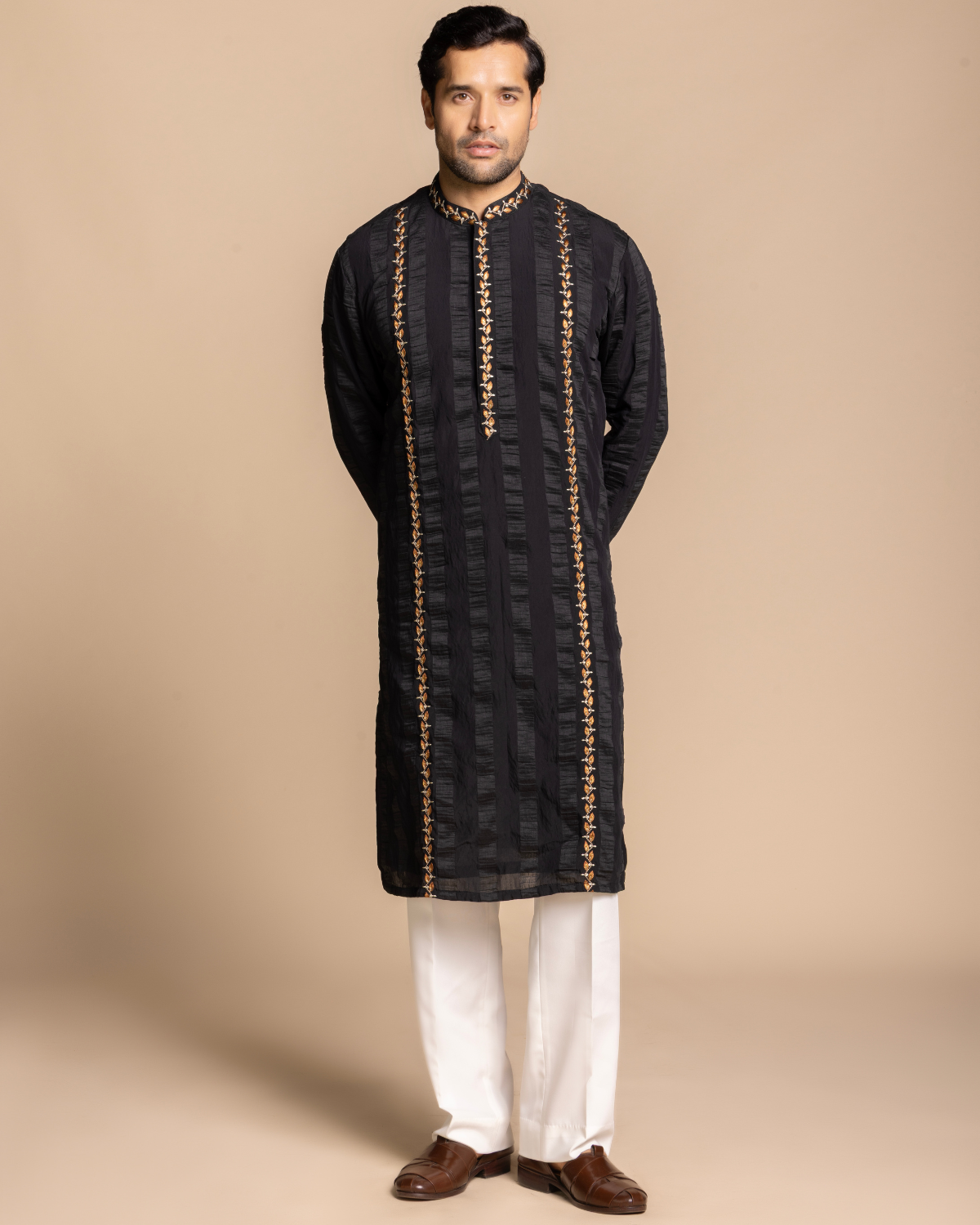 Black Textured Embroidered Kurta Set Gargee