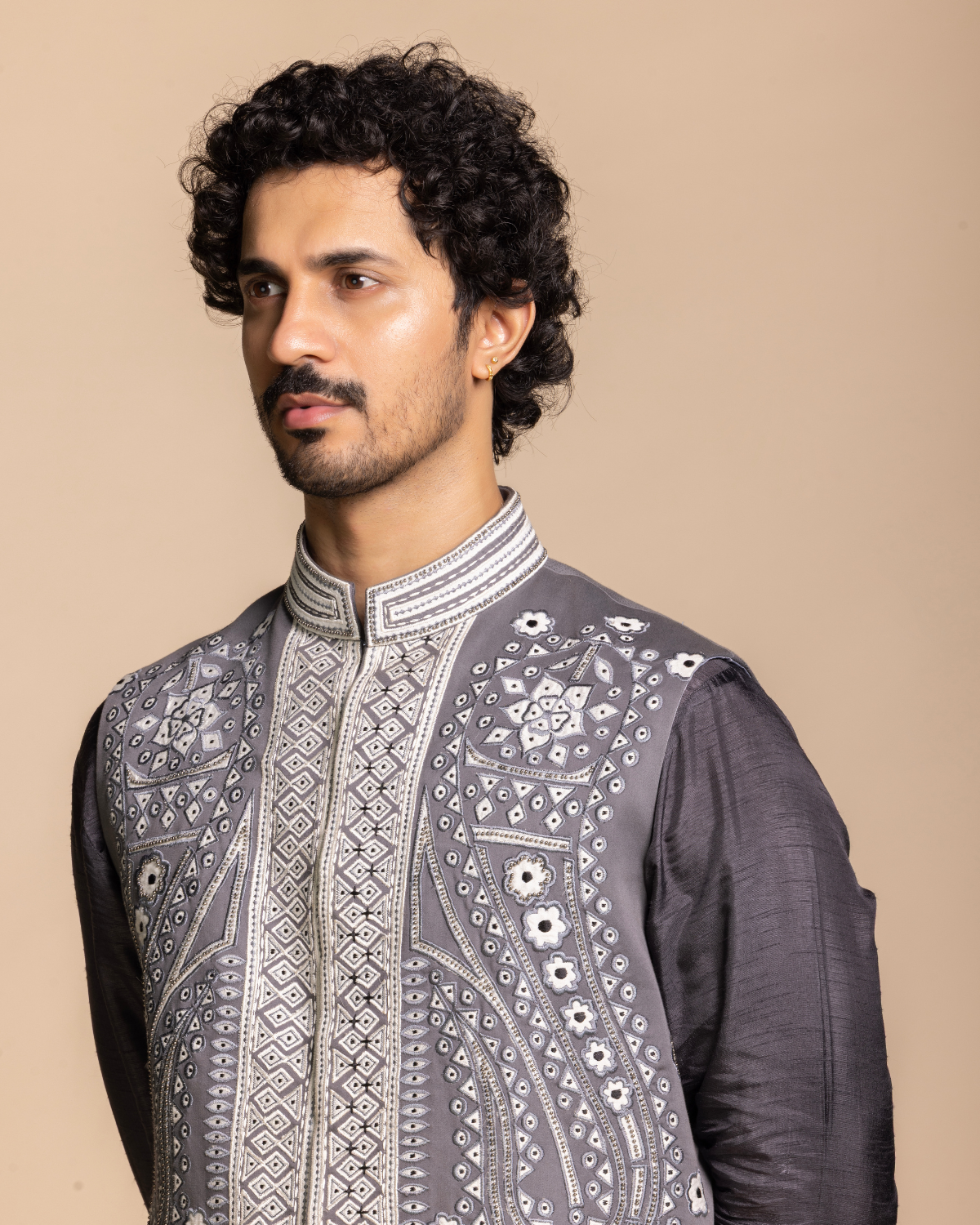 Slate Grey Embroidered Bundi Set Gargee