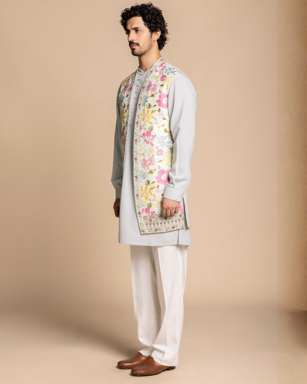 Powder Blue Embroidered Shrug Set Gargee