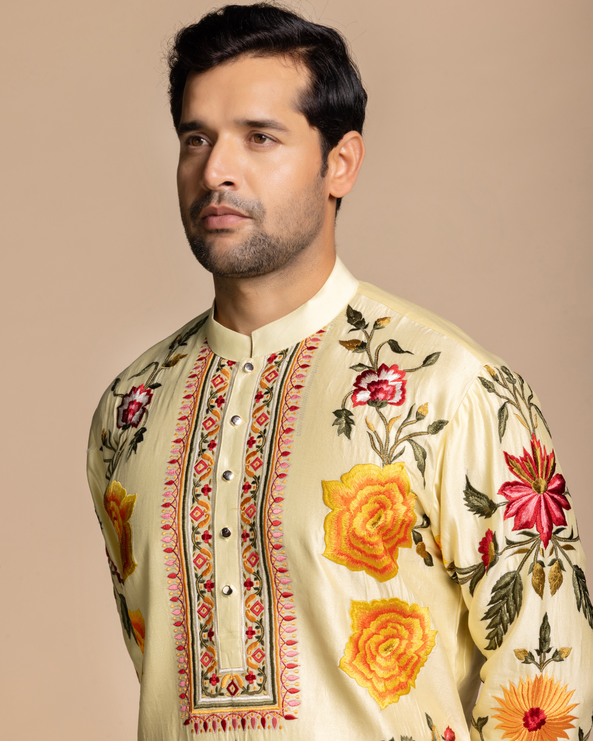 Butter Yellow Floral Embroidered Kurta Set Gargee
