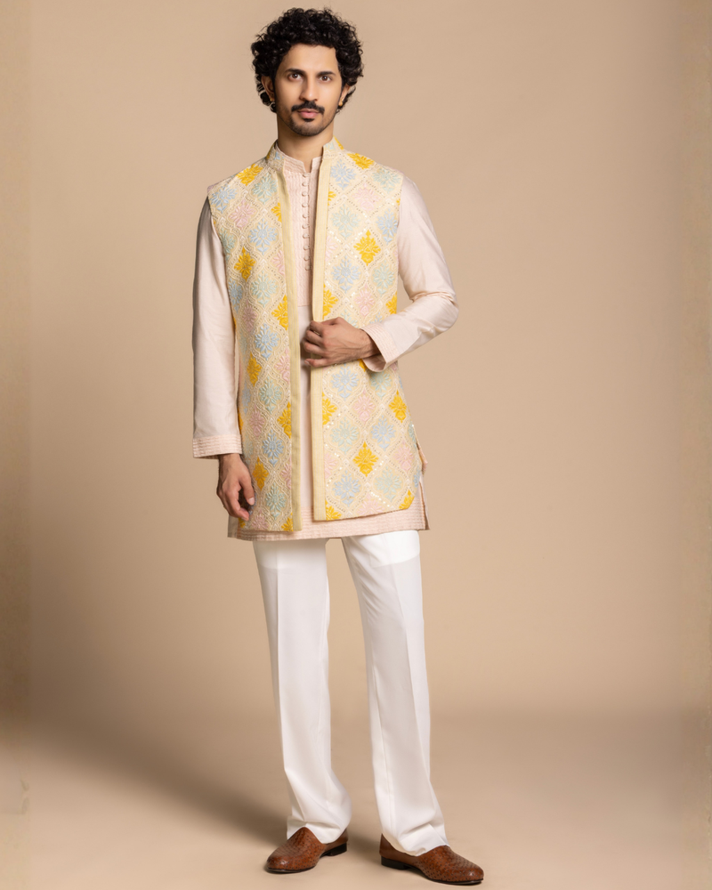 Pastel Floral Embroidered Shrug Set Gargee
