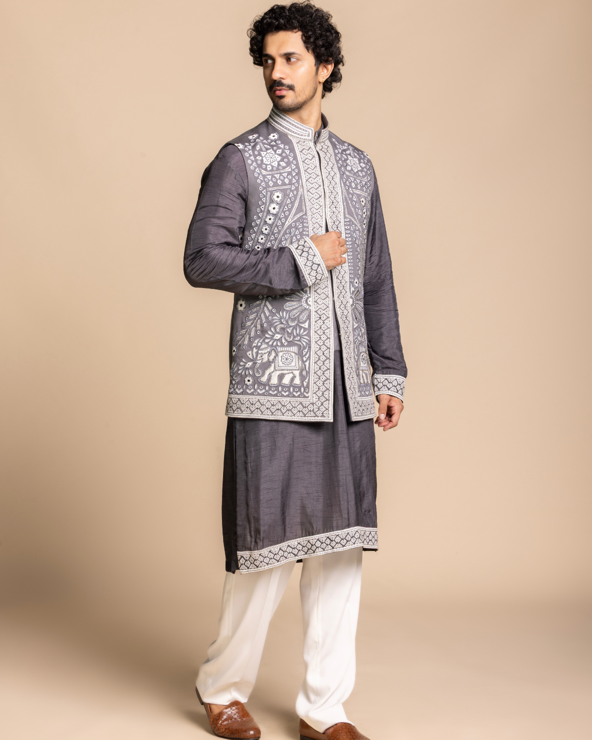 Slate Grey Embroidered Bundi Set Gargee
