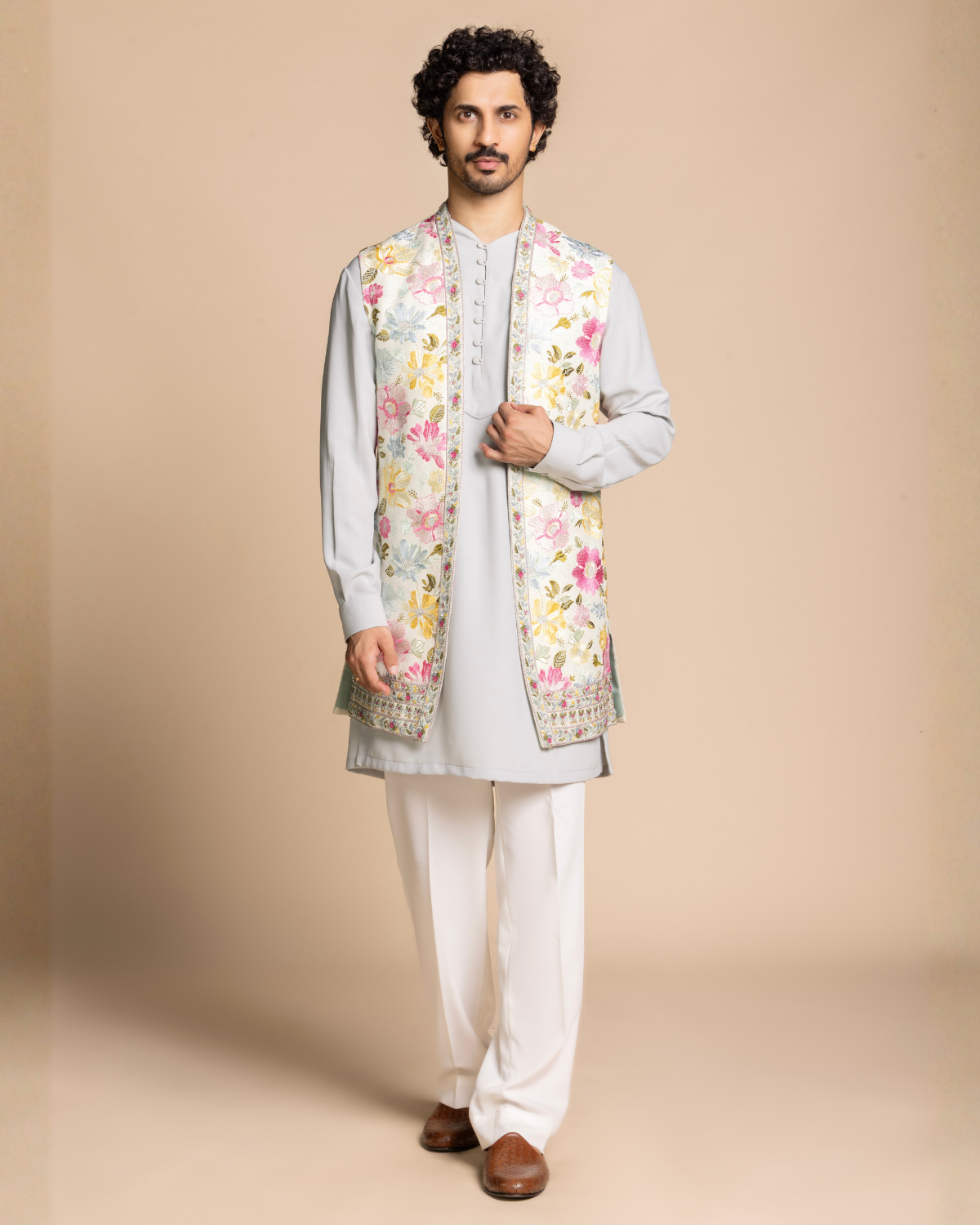 Powder Blue Embroidered Shrug Set Gargee