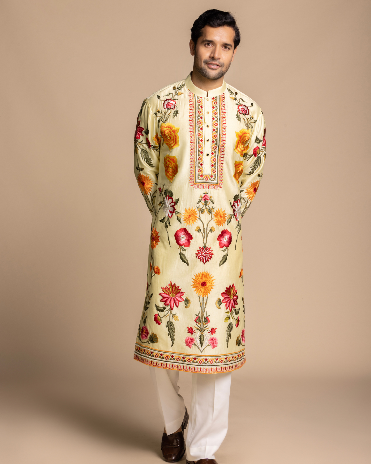 Butter Yellow Floral Embroidered Kurta Set Gargee