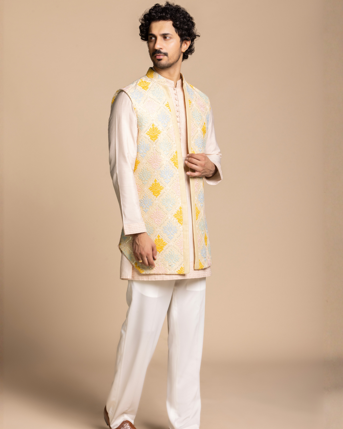 Pastel Floral Embroidered Shrug Set Gargee