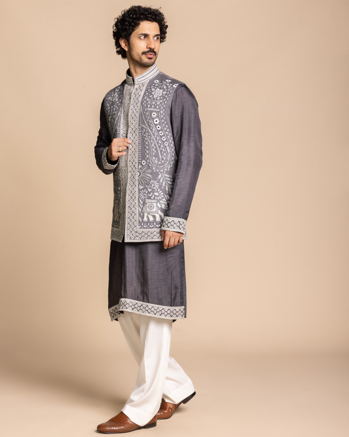 Slate Grey Embroidered Bundi Set Gargee