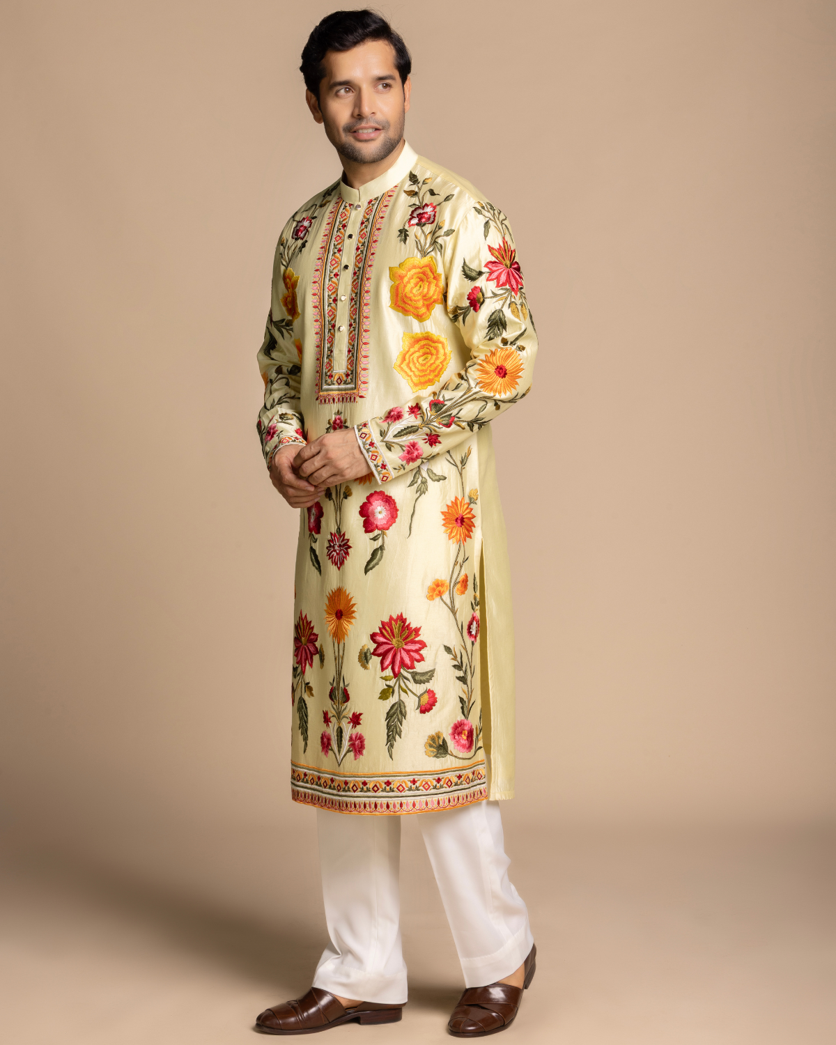Butter Yellow Floral Embroidered Kurta Set Gargee